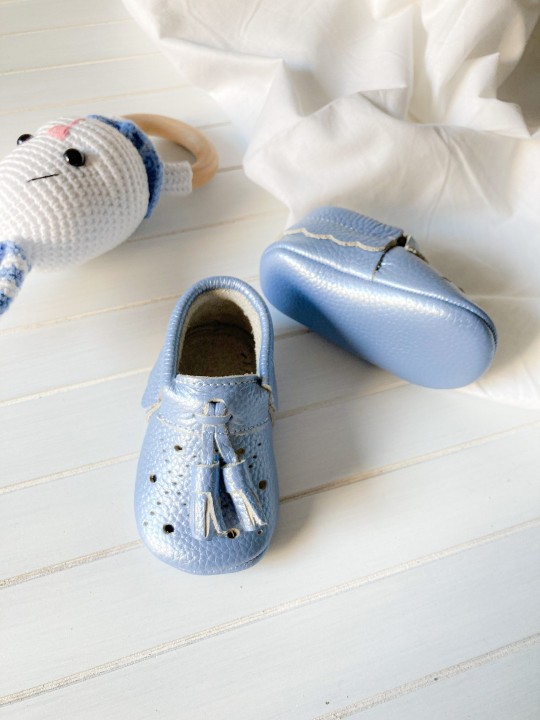 Royal Serisi Metalik Mavi Bebek Makosen Ayakkabı