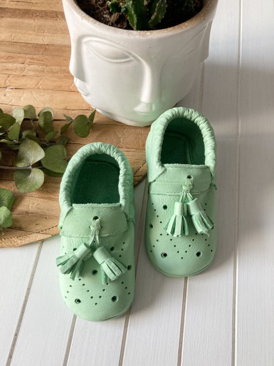 Yeşil Deri Bebek Patiği - Royal Model